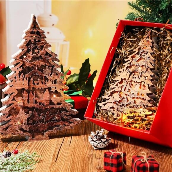 2 Pieces Christmas Nativity Scene Table Decor Wooden Tree...